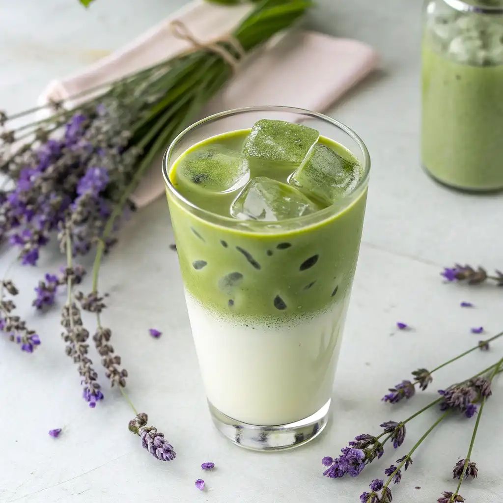 A refreshing lavender matcha drink recipe served in a glass with ice.