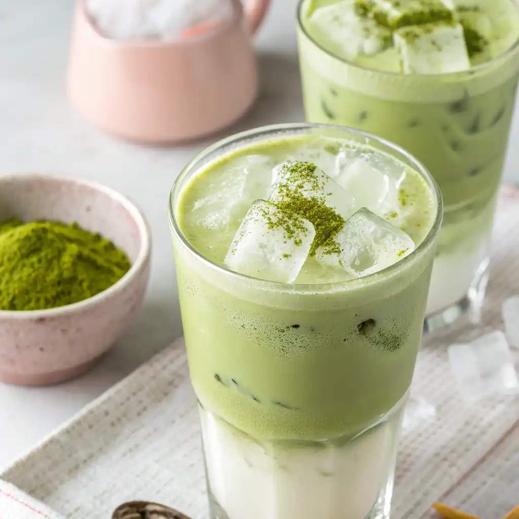 Homemade lavender syrup for matcha stored in a glass jar.