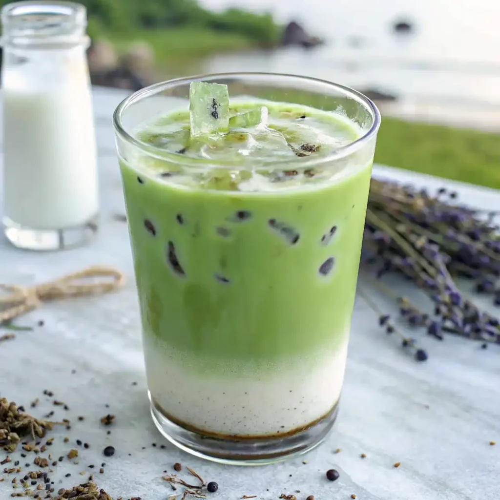 Iced lavender matcha latte topped with frothy green tea and floral aroma.