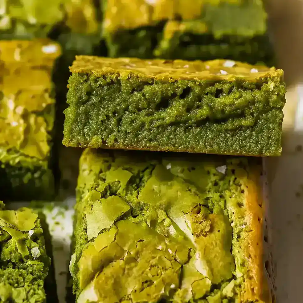 Close-up of chewy matcha brownies with a glossy chocolate top