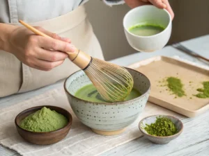 Homemade matcha latte being whisked in a bowl with a bamboo whisk.
