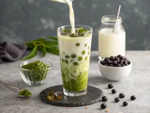 Hot matcha milk tea in a ceramic mug with steam rising, next to a matcha whisk.