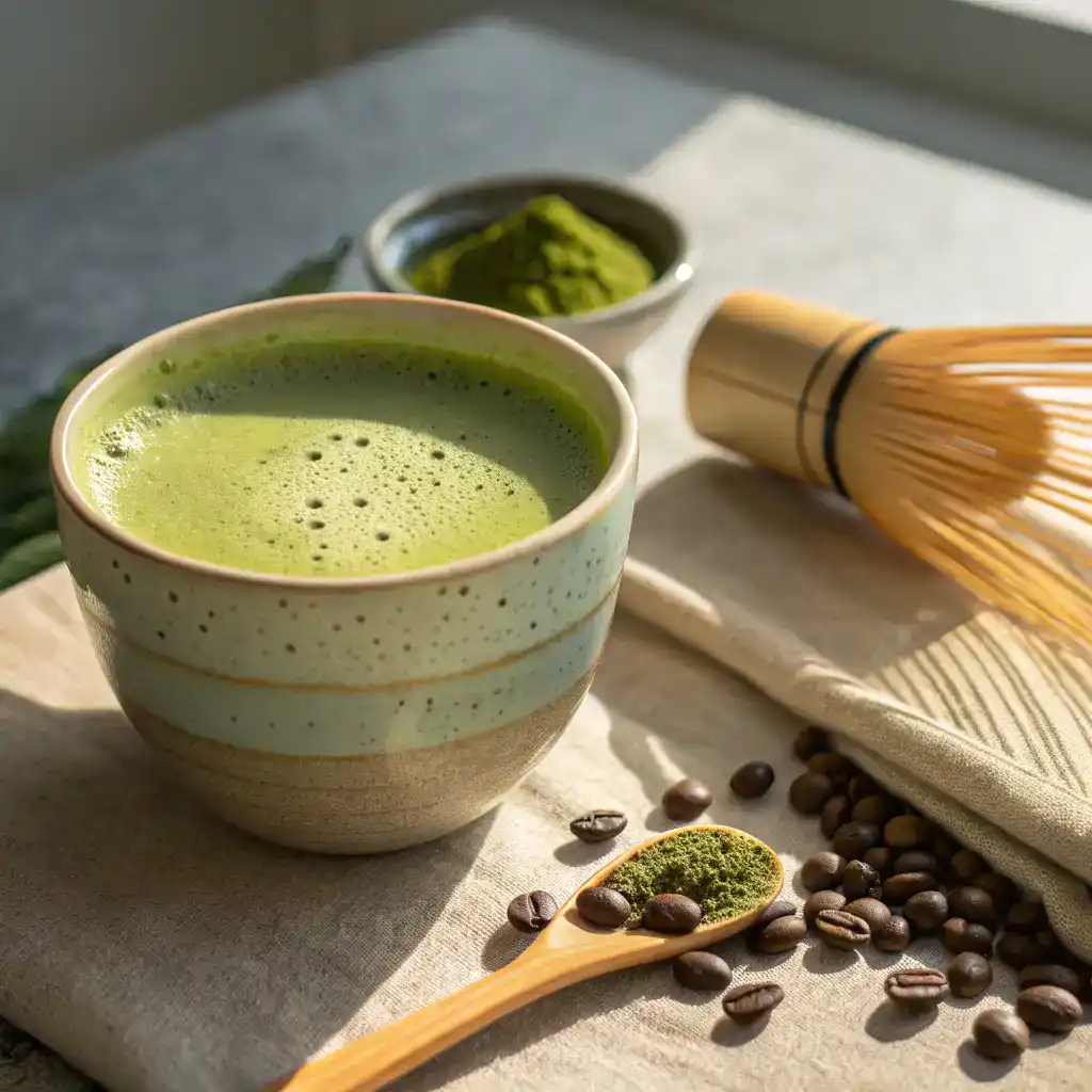 Cozy kitchen scene with a matcha latte and a coffee mug on a wooden table, comparing Matcha Tea Caffeine Vs Coffee.