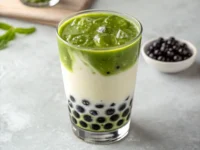 A tall glass of matcha milk tea with boba pearls and ice, served with a metal straw.