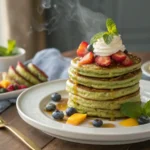 Stack of green Matcha Pancakes on a plate,