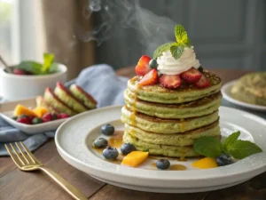 Stack of green Matcha Pancakes on a plate,