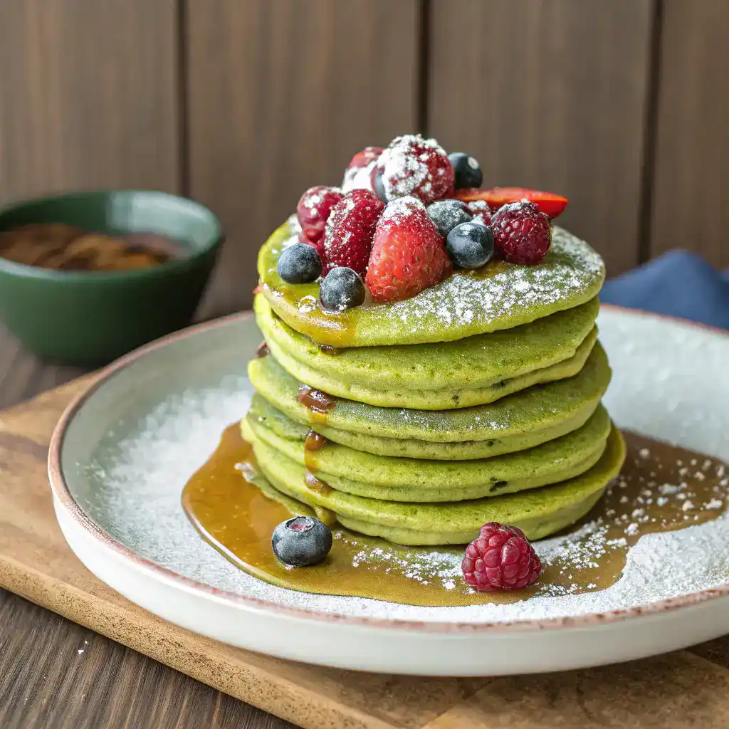 Fluffy Matcha Pancakes served with a drizzle of syrup
