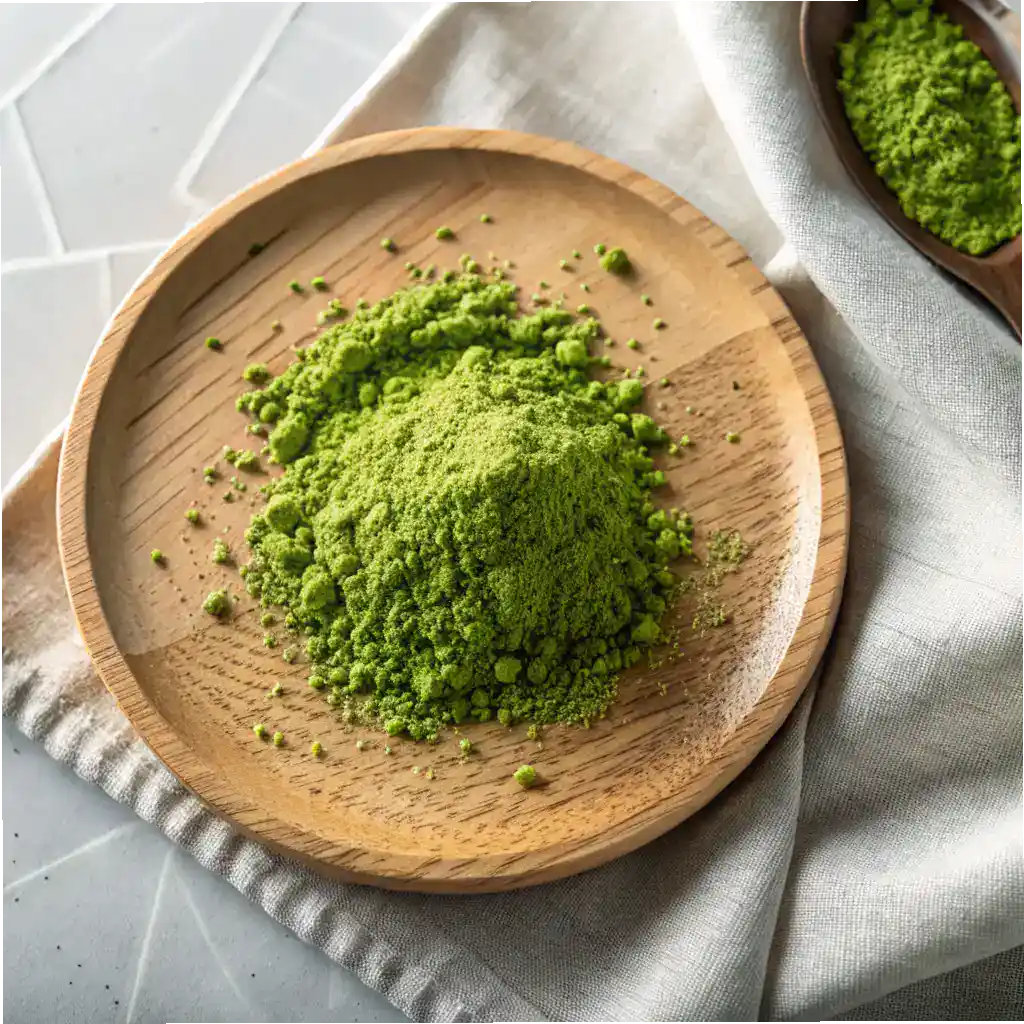 Homemade matcha salt stored in a small glass jar with a spoon beside it.