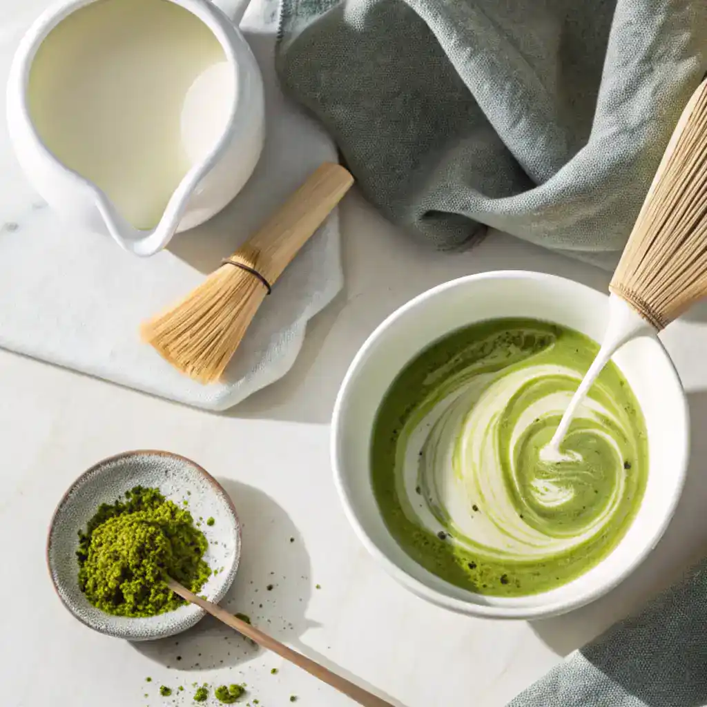 Whisking green tea powder to show how to make matcha.
