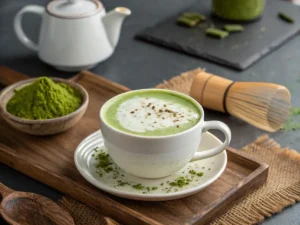 Close-up of a hand pouring frothed milk into a glass of matcha tea.