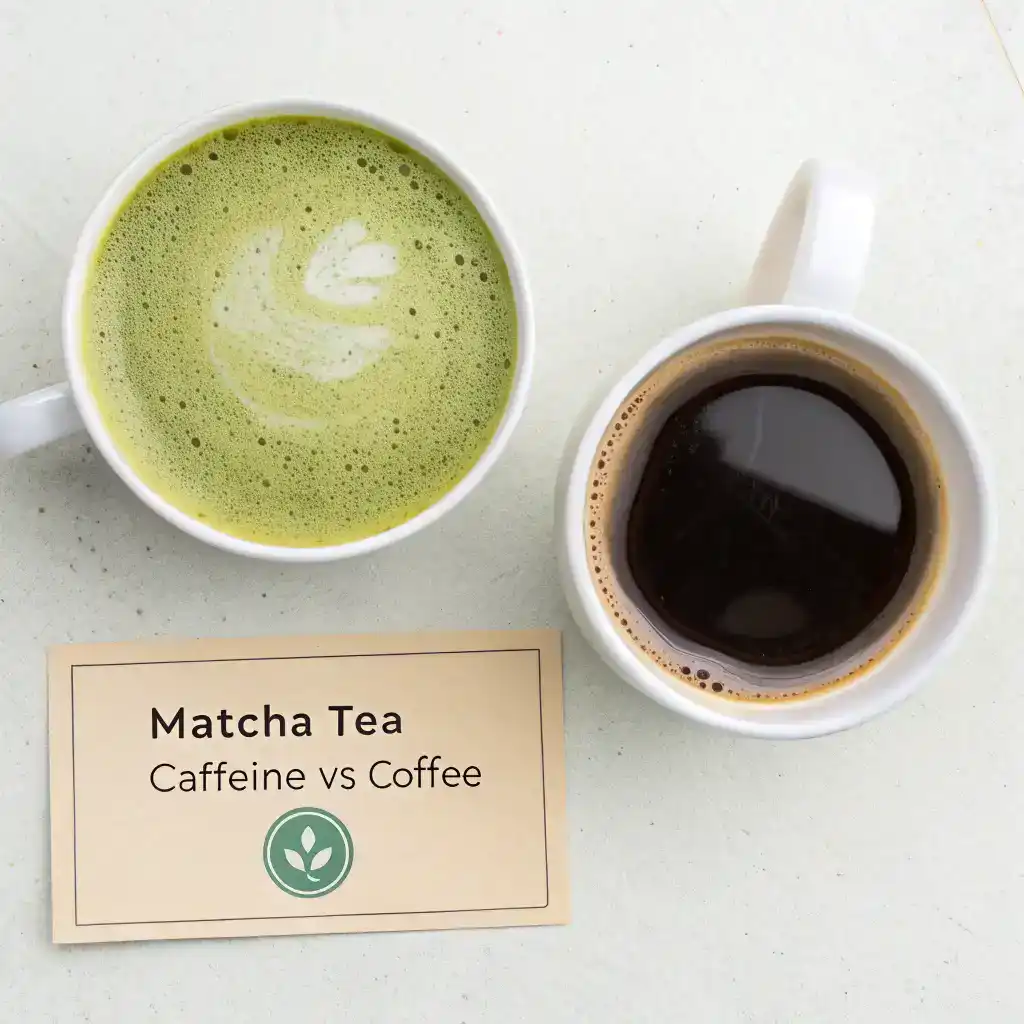 op-down view of a matcha latte and a cup of coffee side by side, highlighting caffeine differences in Matcha Tea Caffeine Vs Coffee.
