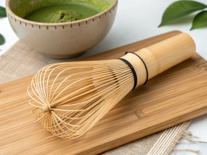 Matcha whisk resting on a kusenaoshi stand, showing fine bamboo prongs and craftsmanship.