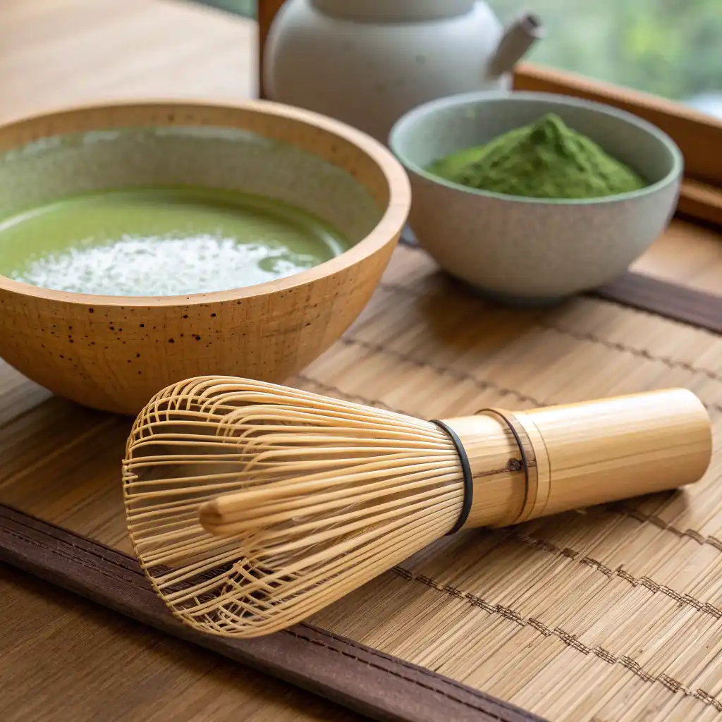 Bamboo matcha whisk and chashaku scoop on a wooden table, ready for tea preparation.