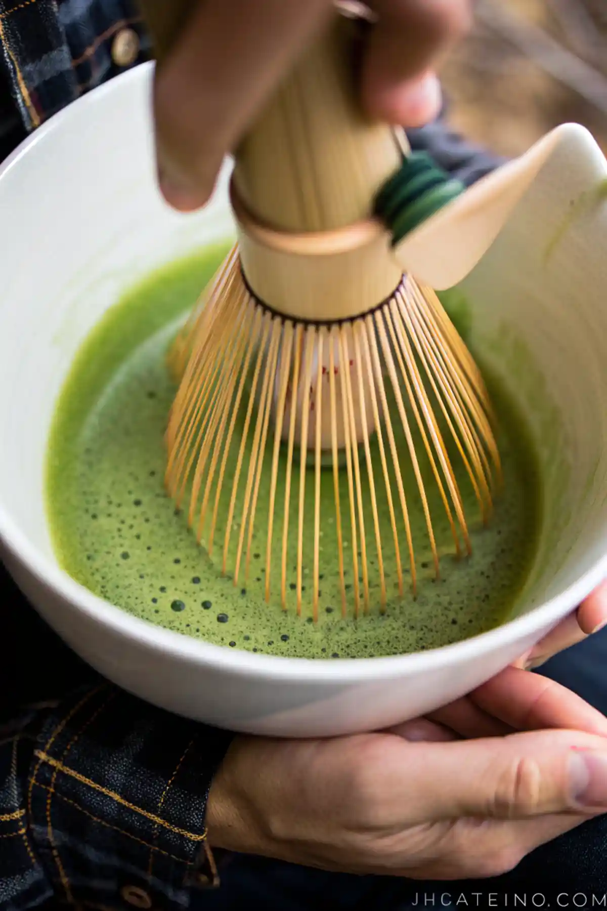 Japanese Green Tea prepared with bamboo whisk for energy and focus.