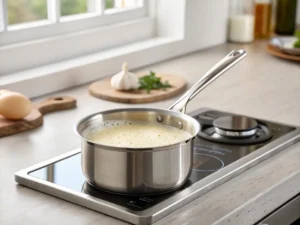 Stirring melted white chocolate and butter into cream to make creamy matcha chocolate.