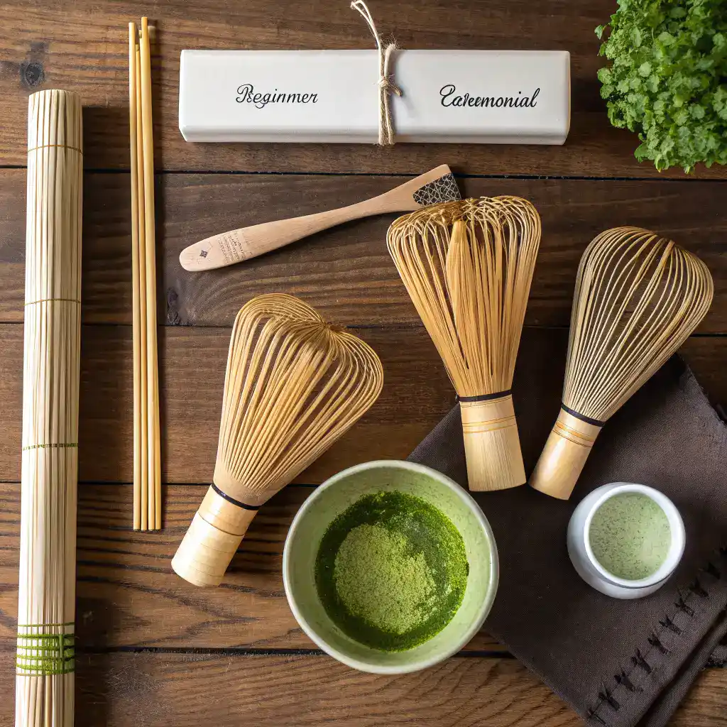 Traditional Japanese matcha whisk (chasen) placed next to a ceramic chawan with frothy matcha tea.