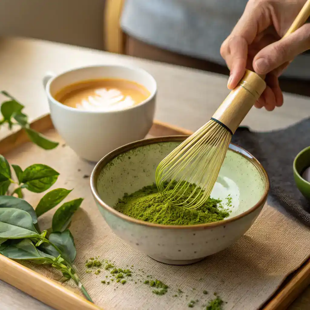 Close-up of matcha being whisked in a bowl with a bamboo whisk, with coffee beans in the background, illustrating Matcha Tea Caffeine Vs Coffee.