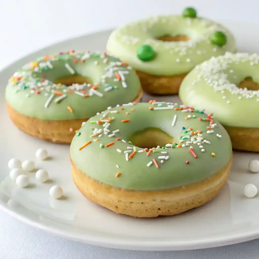 Close-up of freshly baked Matcha Donuts with a smooth glaze and decorative toppings, ready to serve.