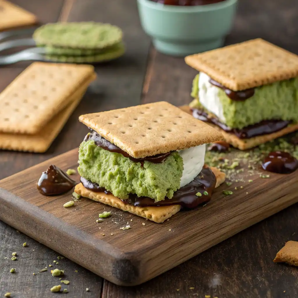 Gooey Matcha S’mores with melted chocolate oozing between graham crackers on a rustic plate.