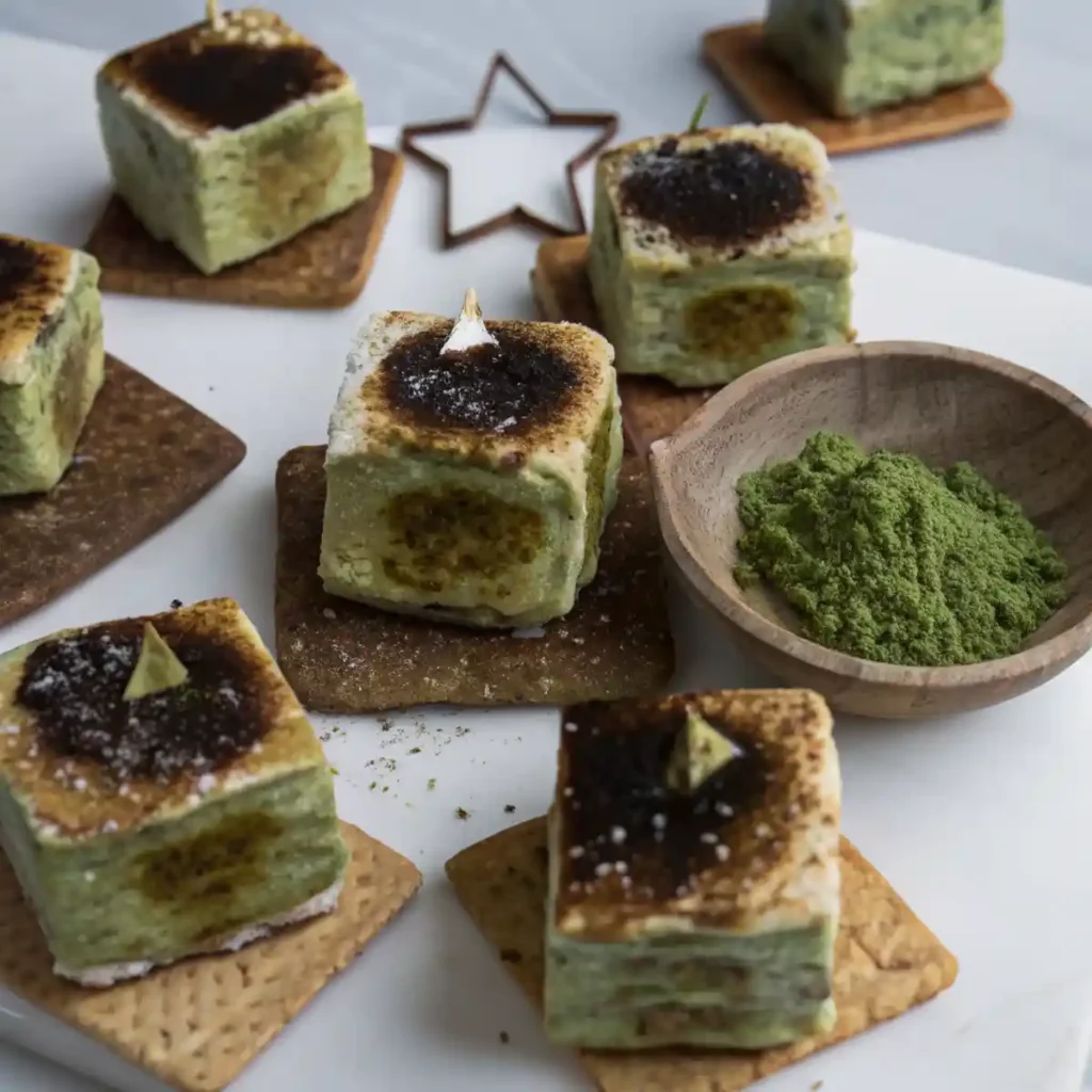 Overhead view of freshly cut matcha marshmallows dusted with powdered sugar on a wooden board.