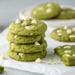 Freshly baked matcha cookies cooling on a wire rack