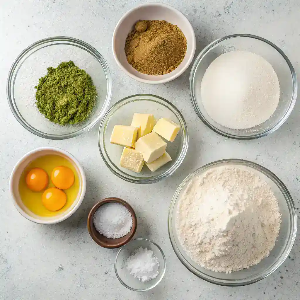 Ingredients for matcha cookies arranged on a kitchen counter.