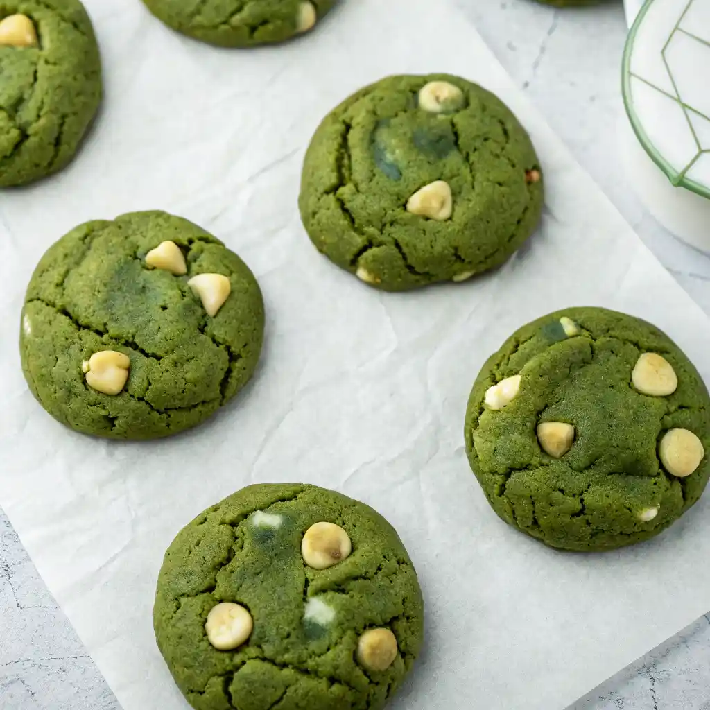 Close-up of matcha cookies showing vibrant green color and texture.
