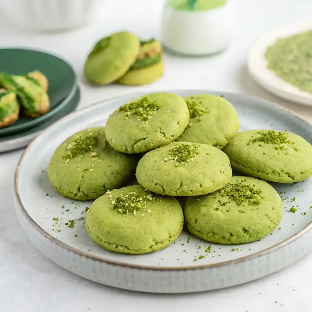 A stack of matcha cookies served with a cup of tea.