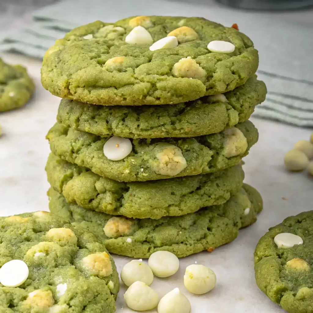 Matcha cookies with white chocolate chips ready to enjoy.