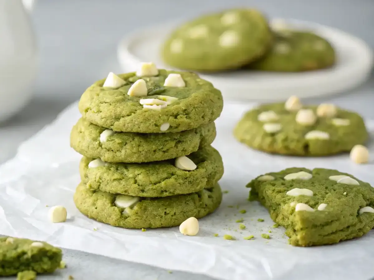Freshly baked matcha cookies cooling on a wire rack
