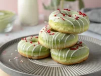 A stack of glazed Matcha Donuts on a plate, topped with sprinkles, showcasing the green tea flavor.