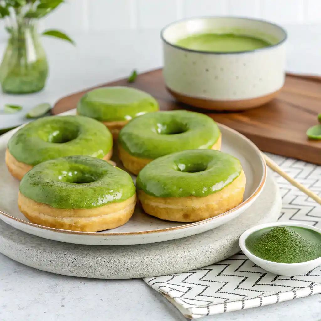 Homemade Matcha Donuts arranged neatly on a wire rack, highlighting their vibrant green color and texture.