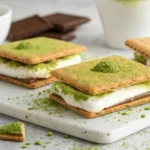 Close-up of homemade Matcha S’mores with toasted green matcha marshmallows, chocolate, and graham crackers