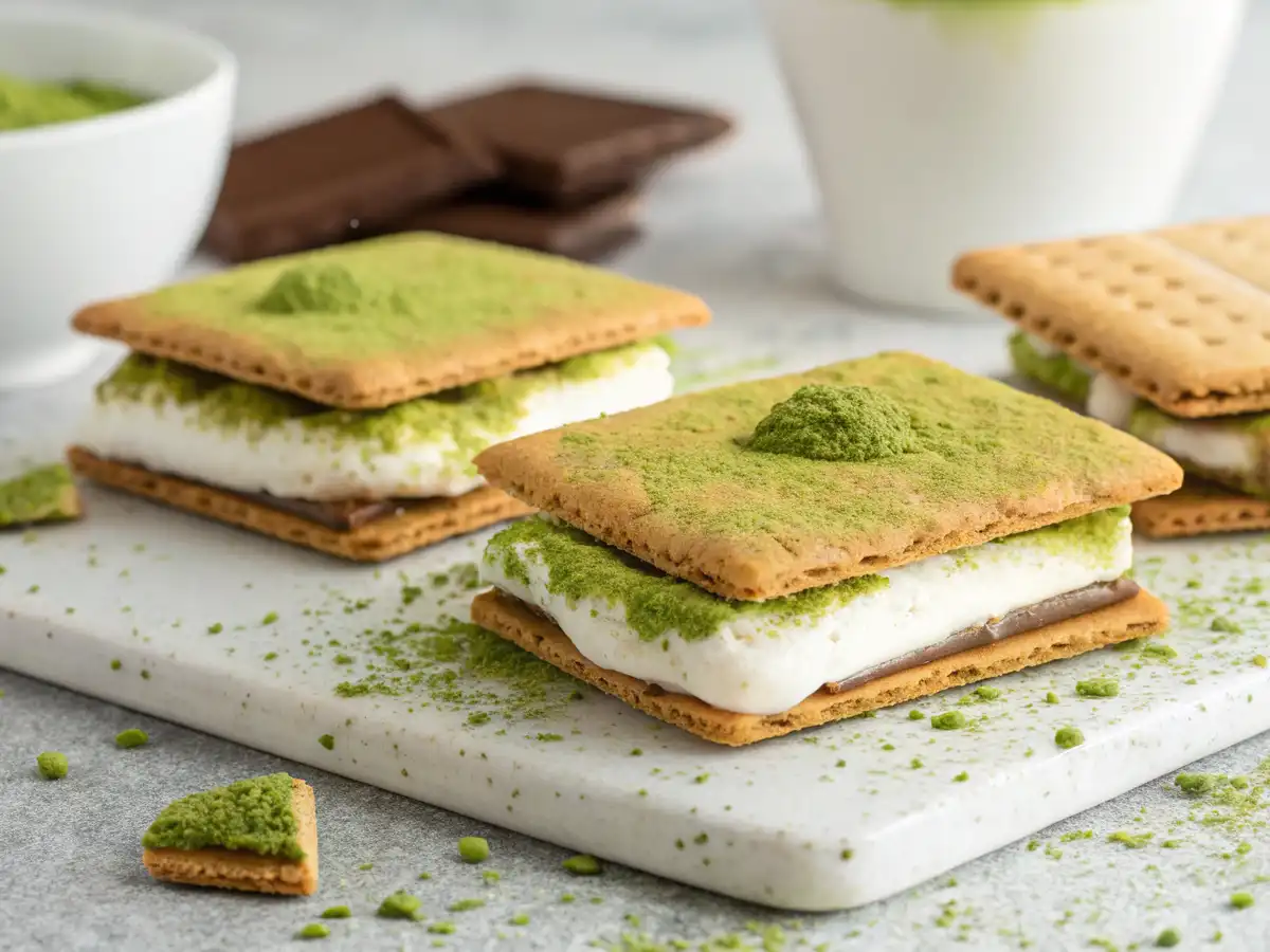 Close-up of homemade Matcha S’mores with toasted green matcha marshmallows, chocolate, and graham crackers