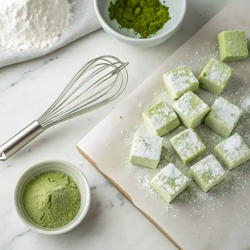 Matcha S’mores being toasted over an outdoor campfire with melted chocolate and golden marshmallows