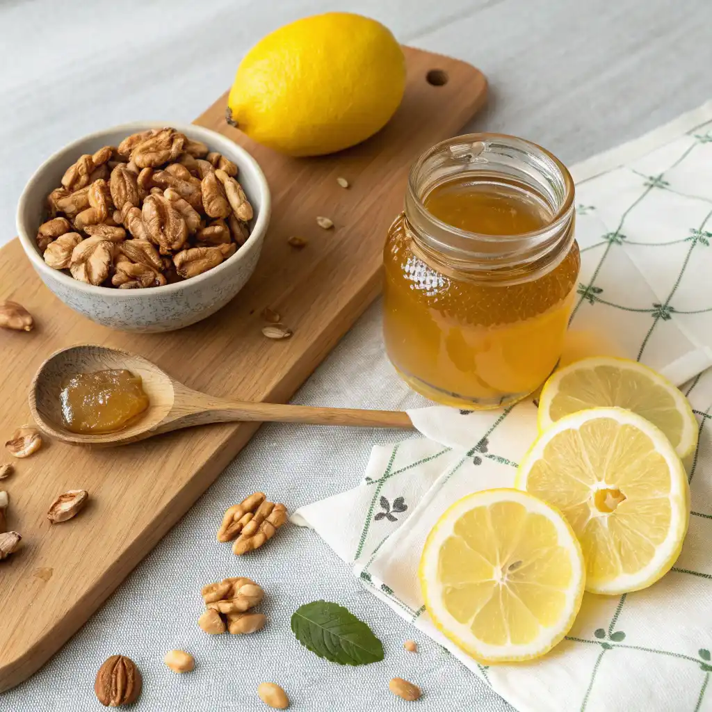 Homemade Honey Trick Recipe with raw honey, walnuts, and lemon in a glass jar for brain health